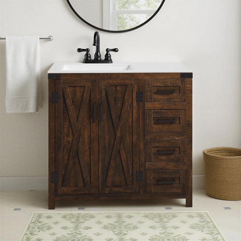 Endüstriyel Mermer Tezgahlı Ahır Kapısı Detaylı 4 Çekmeceli Ayaklı Banyo Lavabo Dolabı - 92 cm - 200970