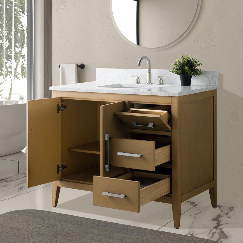 Endüstriyel Mermer Tezgahlı Doğal Meşe Masif Kavak Ağacı Çekmeceli Banyo Lavabo Dolabı - 107 cm - 198150