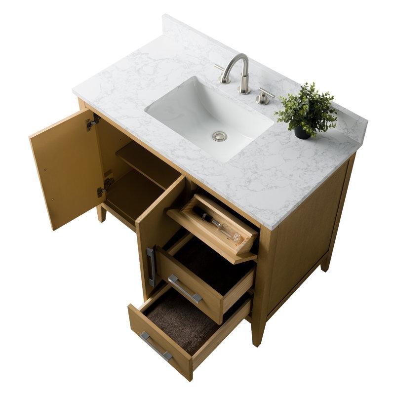 Endüstriyel Mermer Tezgahlı Doğal Meşe Masif Kavak Ağacı Çekmeceli Banyo Lavabo Dolabı - 107 cm - 198150
