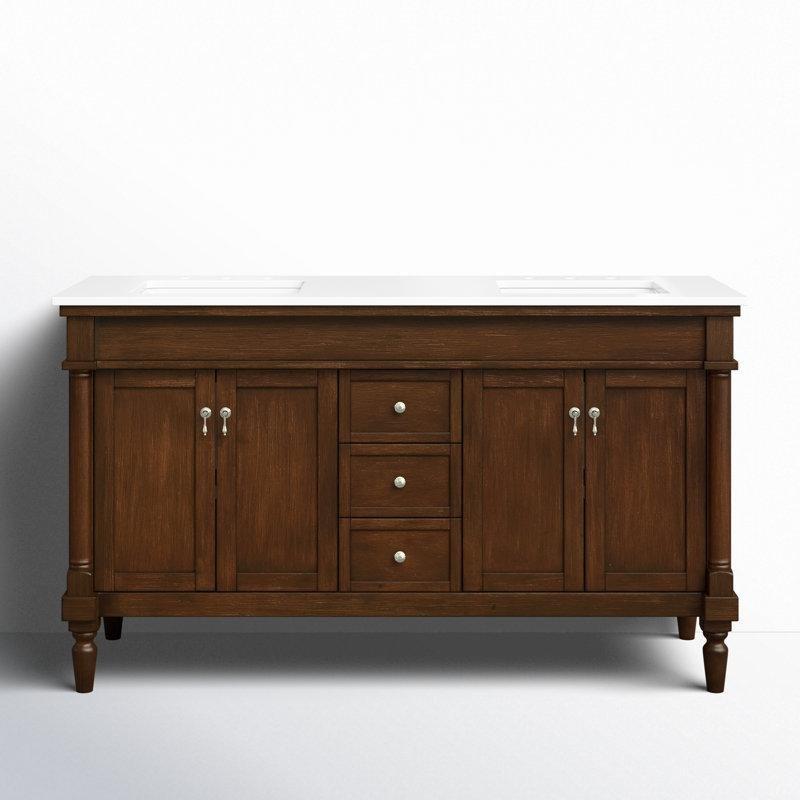 Endüstriyel Mermer Tezgahlı Masif Ahşap Çift Lavabolu Ayaklı Banyo Dolabı - 153 cm - 200133