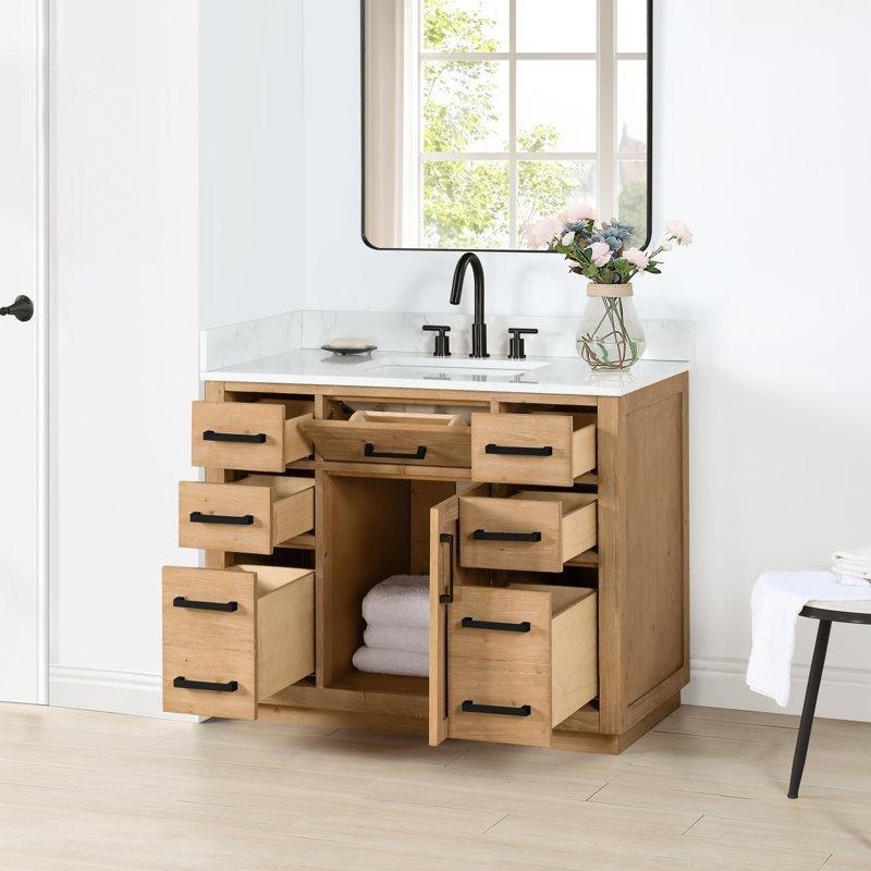 Endüstriyel Taş Tezgahlı Beyaz Masif Ahşap Yavaş Kapanır Çekmeceli Banyo Lavabo Dolabı - 107 cm - 201772