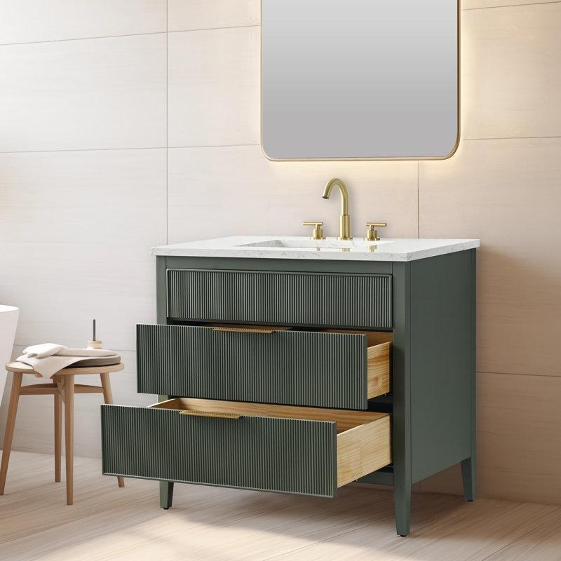 Endüstriyel Taş Tezgahlı Masif Ahşap Yivli Ayaklı Banyo Lavabo Dolabı - 92 cm - 198246
