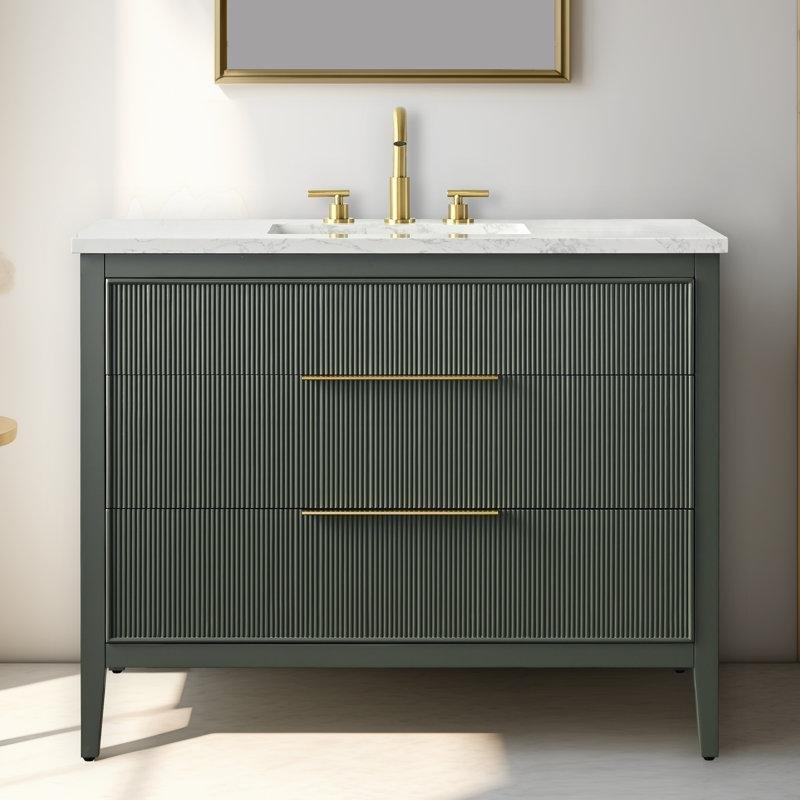 Endüstriyel Taş Tezgahlı Masif Ahşap Yivli Çekmeceli Banyo Lavabo Dolabı - 107 cm - 198922