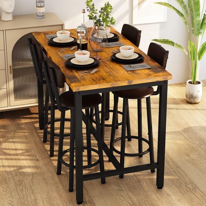 Endüstriyel Tasarım Ahşap Metal 4 Tabureli Bar Masası Seti - 110 cm - 231530