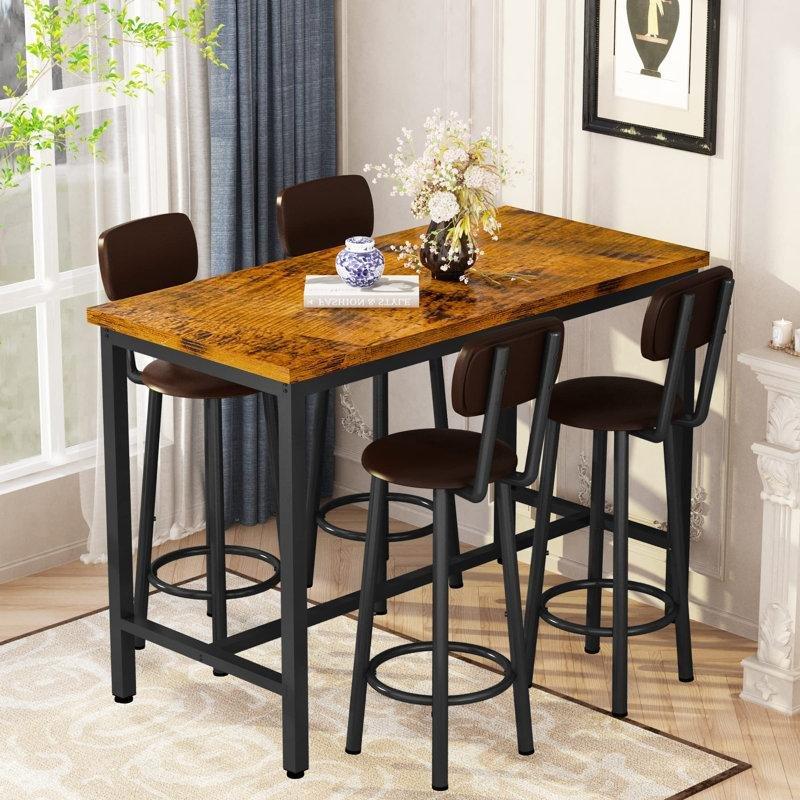Endüstriyel Tasarım Ahşap Metal 4 Tabureli Bar Masası Seti - 110 cm - 231530