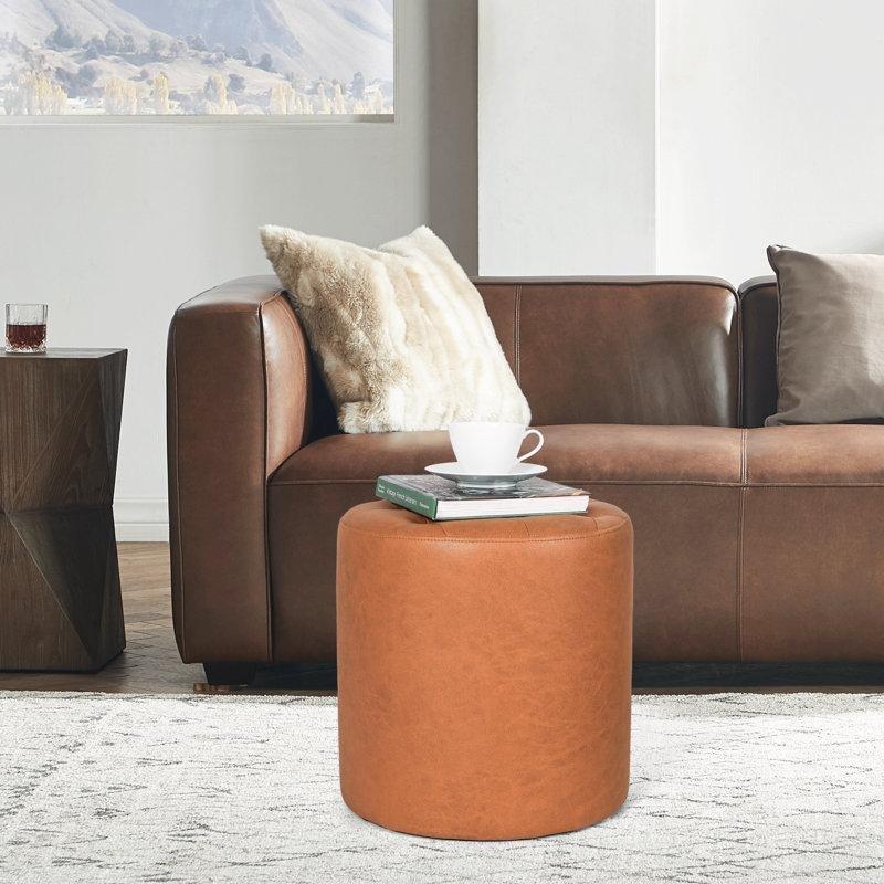 Eskitilmiş Suni Deri Kapitoneli Yuvarlak Puf - 40 cm - 165355