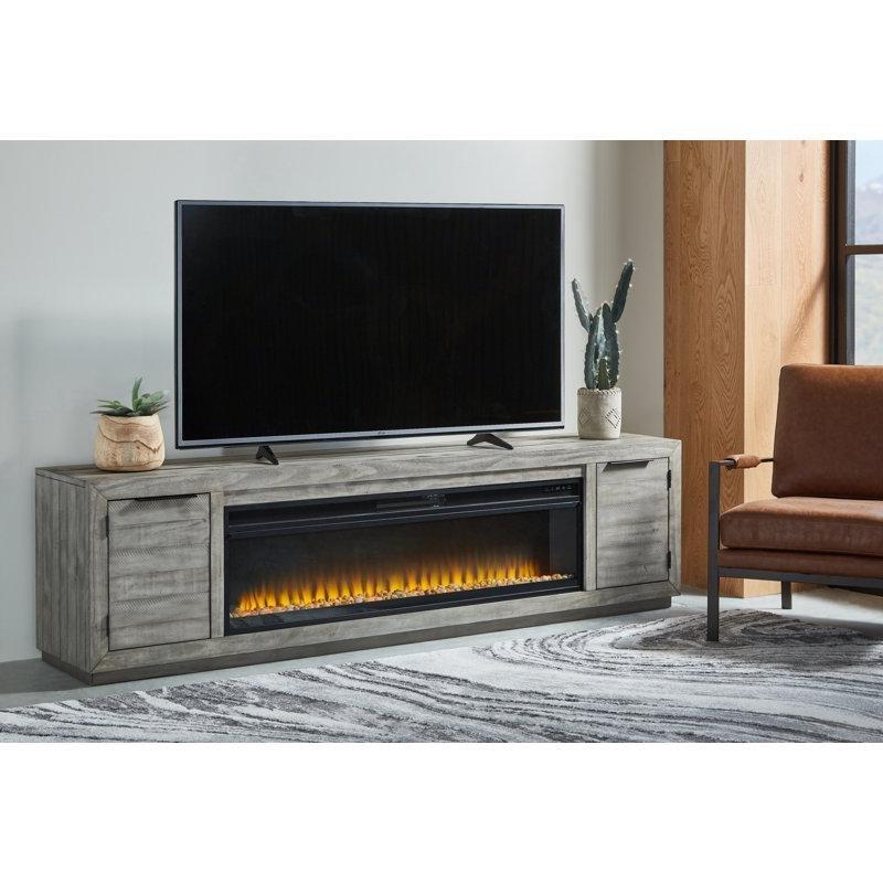 Eskitme Açık Gri Masif Çam Ağacı Şömineli TV Ünitesi - 234 cm - 221203