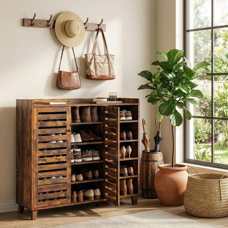 Eskitme Ahşap MDF 2 Kapaklı 5 Açık Raflı Ayakkabılık - 116 cm - 228295