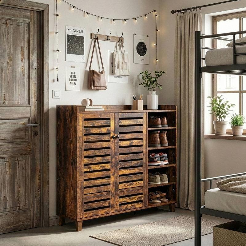 Eskitme Ahşap MDF 2 Kapaklı 5 Açık Raflı Ayakkabılık - 116 cm - 228295