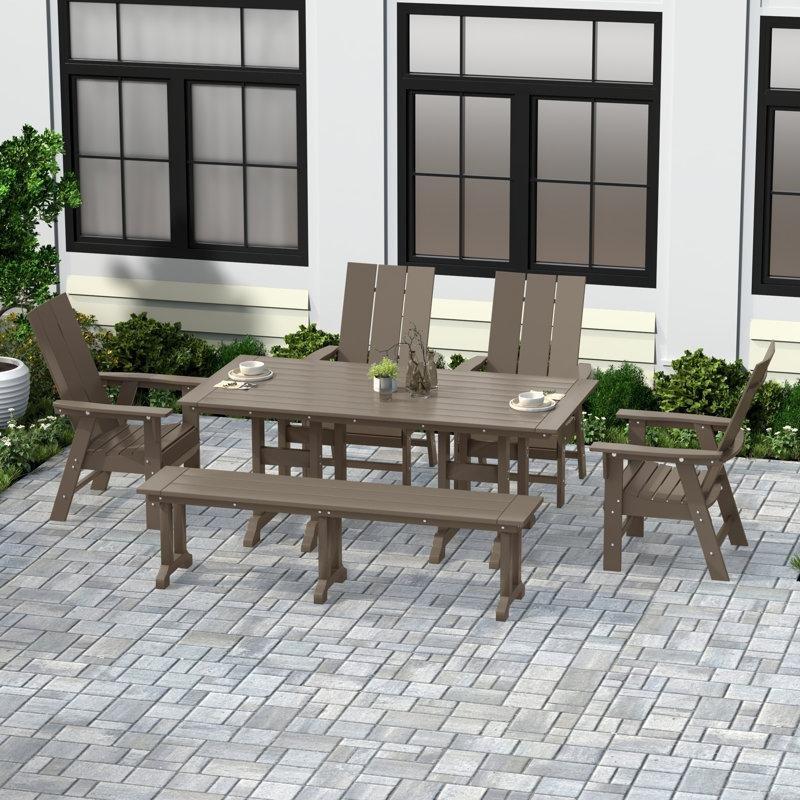 Eskitme Ahşap Rengi HDPE Şemsiye Delikli 6 Kişilik Dikdörtgen Bahçe Masa Takımı - 181 cm - 213427