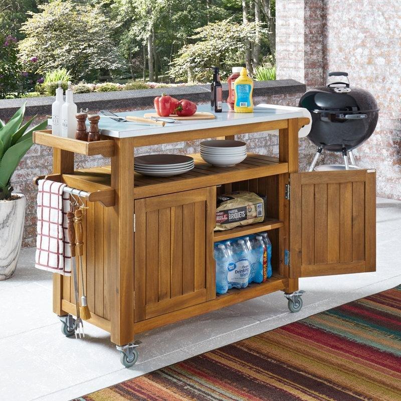 Eskitme Altın Tik Rengi Masif Akasya Ağacı Tekerlekli Servis Arabası - 122x54x93 cm - 178258