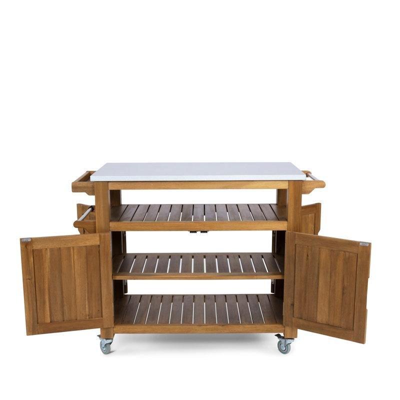 Eskitme Altın Tik Rengi Masif Akasya Ağacı Tekerlekli Servis Arabası - 122x54x93 cm - 178258