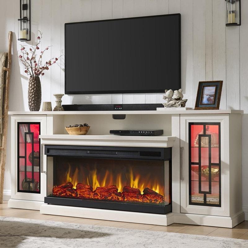 Eskitme Beyaz Ahşap 3 Taraflı Camlı LED Aydınlatmalı Elektrikli Şömineli TV Ünitesi - 190 cm - 220316