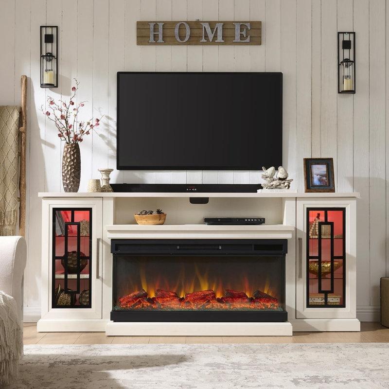 Eskitme Beyaz Ahşap 3 Taraflı Camlı LED Aydınlatmalı Elektrikli Şömineli TV Ünitesi - 190 cm - 220316