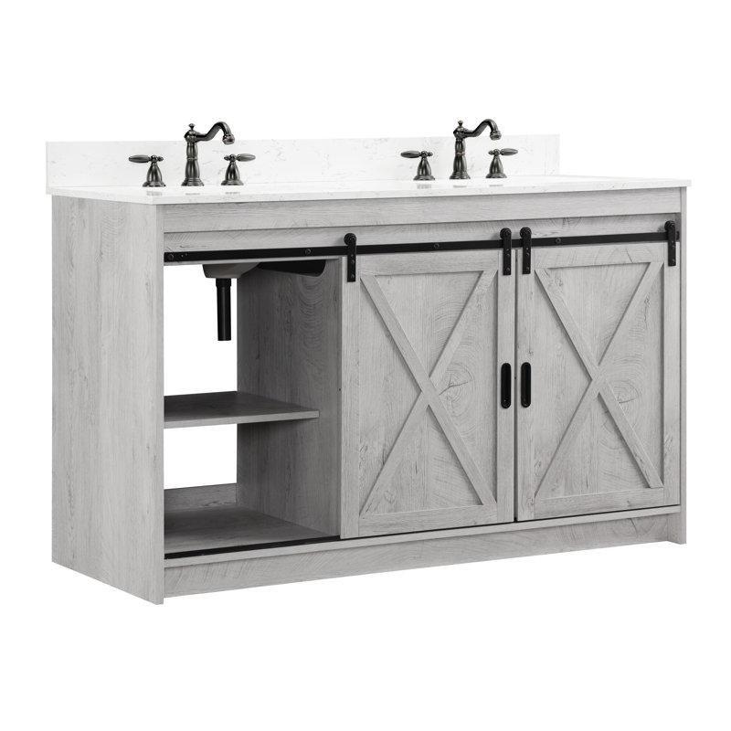 Eskitme Beyaz Endüstriyel Ahşap Sürgülü Kapaklı Çift Lavabolu Banyo Dolabı - 138 cm - 200915
