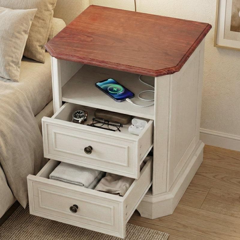 Eskitme Beyaz Kiraz Ağacı Rengi Tablalı MDF Prizli Raflı Komodin - 224405