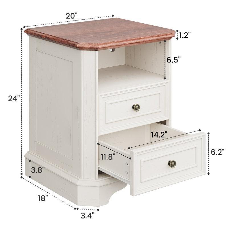 Eskitme Beyaz Kiraz Ağacı Rengi Tablalı MDF Prizli Raflı Komodin - 224405
