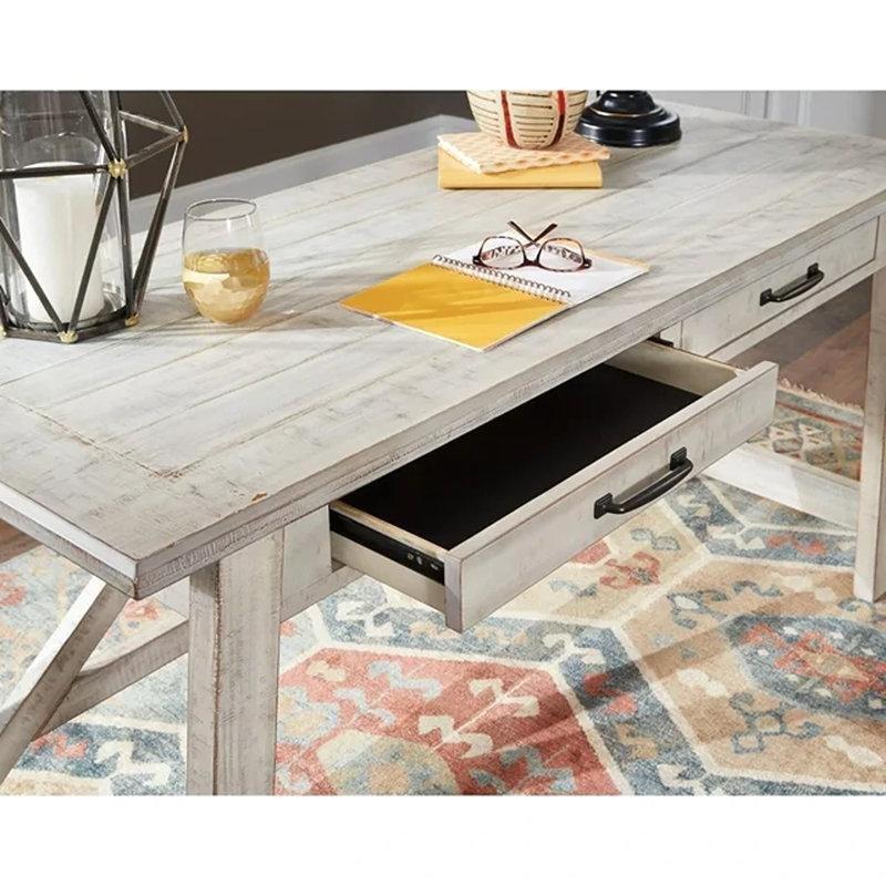 Eskitme Beyaz Masif Çam Ağacı 2 Çekmeceli Vintage Çalışma Masası - 153x67 cm - 234352