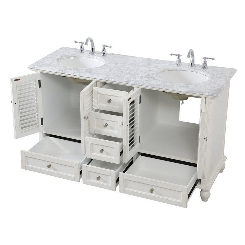 Eskitme Beyaz Mermer Tezgahlı Masif Ahşap 6 Çekmeceli İkili Banyo Lavabo Dolabı - 153 cm - 200002