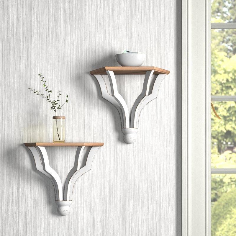 Eskitme Beyaz ve Kahverengi Masif Ahşap 2li Duvar Rafı Seti - 34 cm - 179931