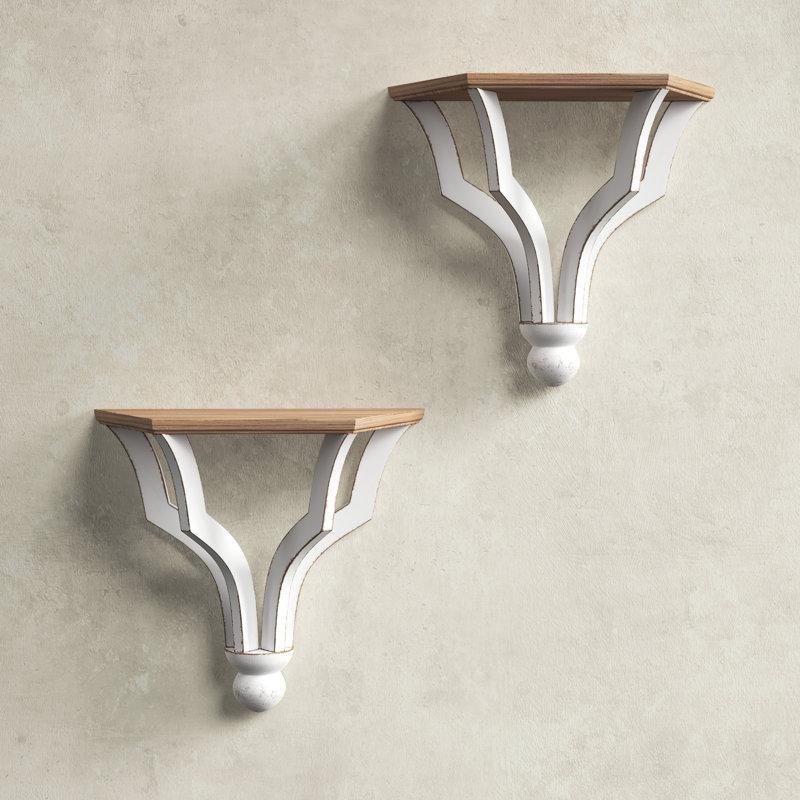 Eskitme Beyaz ve Kahverengi Masif Ahşap 2li Duvar Rafı Seti - 34 cm - 179931