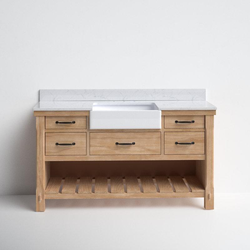 Eskitme Çam Masif Ahşap Seramik Tezgahlı 5 Çekmeceli Açık Raflı Banyo Lavabo Dolabı - 153 cm - 199548