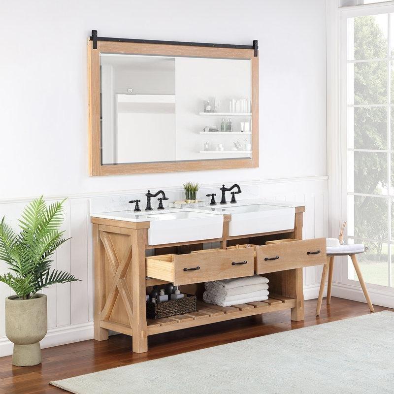 Eskitme Çam Masif Ahşap Taş Tezgahlı Çift Lavabolu Çekmeceli Banyo Lavabo Dolabı - 153 cm - 199980