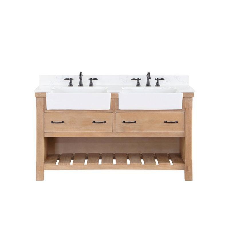 Eskitme Çam Masif Ahşap Taş Tezgahlı Çift Lavabolu Çekmeceli Banyo Lavabo Dolabı - 153 cm - 199980