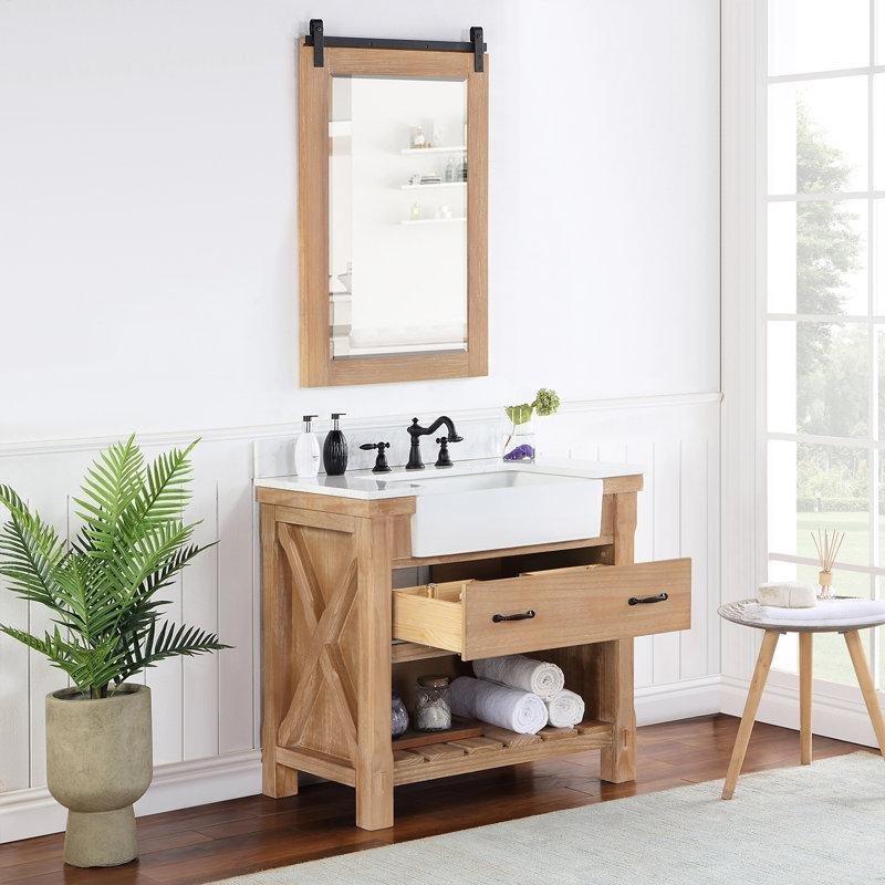 Eskitme Çam Masif Ahşap Taş Tezgahlı Kır Evi Lavabolu Açık Raflı Banyo Dolabı - 92 cm - 199717