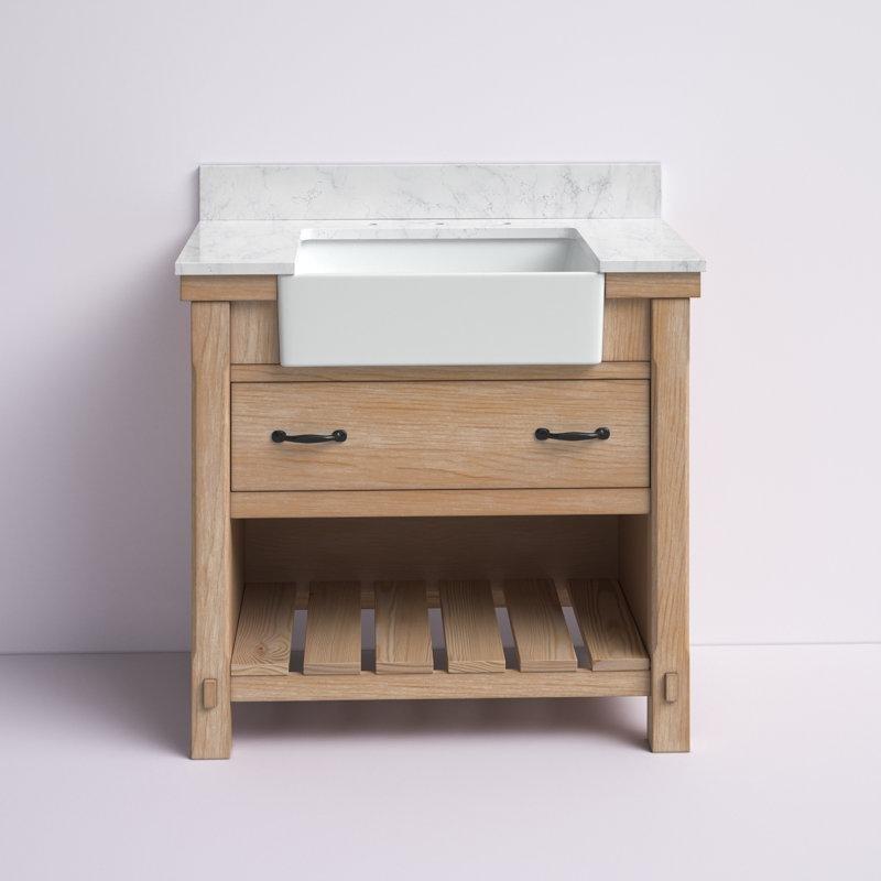 Eskitme Çam Masif Ahşap Taş Tezgahlı Kır Evi Lavabolu Açık Raflı Banyo Dolabı - 92 cm - 199717