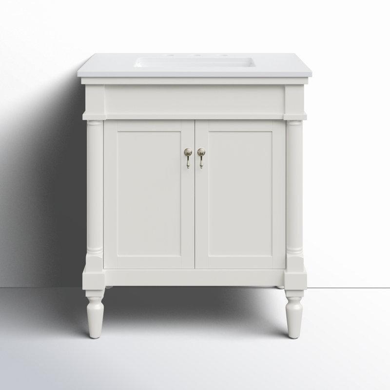 Eskitme Detaylı Mermer Kompozit Tezgahlı Masif Ayaklı Banyo Lavabo Dolabı - 77 cm - 200318