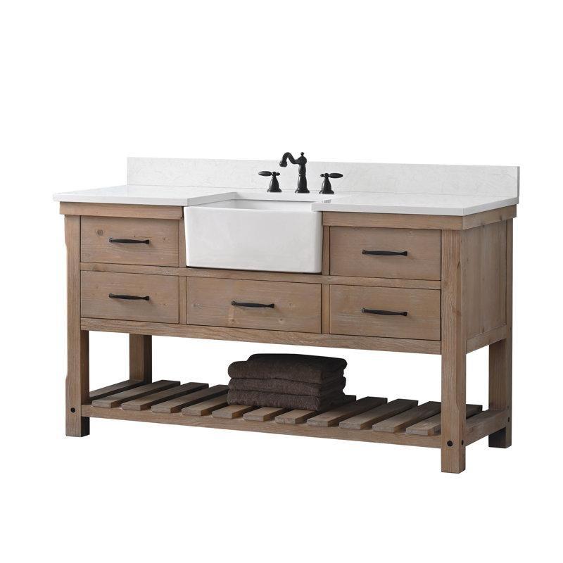 Eskitme Doğal Ahşap Endüstriyel Taş Tezgahlı 5 Çekmeceli Raflı Banyo Lavabo Dolabı - 153 cm - 198388