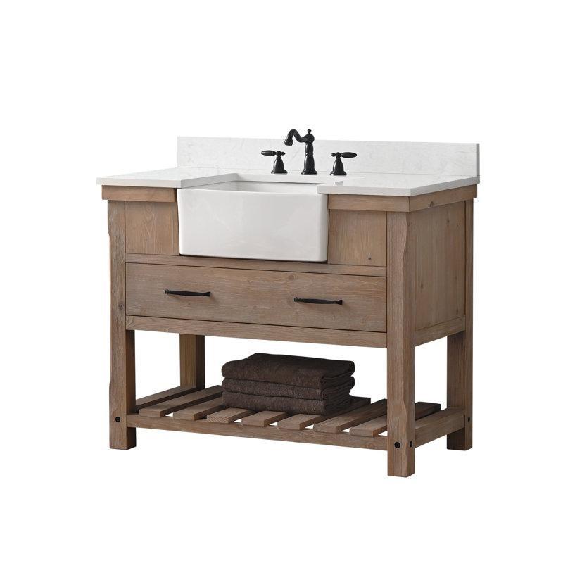 Eskitme Doğal Ahşap Masif Gövdeli Yavaş Kapanır Çekmeceli Endüstriyel Taş Tezgahlı Banyo Lavabo Dolabı - 107 cm - 199721