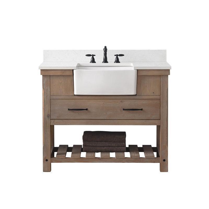 Eskitme Doğal Ahşap Masif Gövdeli Yavaş Kapanır Çekmeceli Endüstriyel Taş Tezgahlı Banyo Lavabo Dolabı - 107 cm - 199721