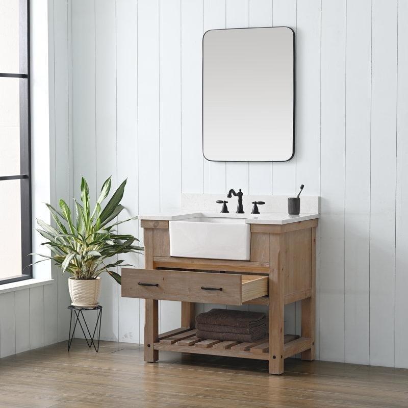 Eskitme Doğal Masif Ahşap ve MDF Raflı Yavaş Kapanır Çekmeceli Banyo Lavabo Dolabı - 92 cm - 201562