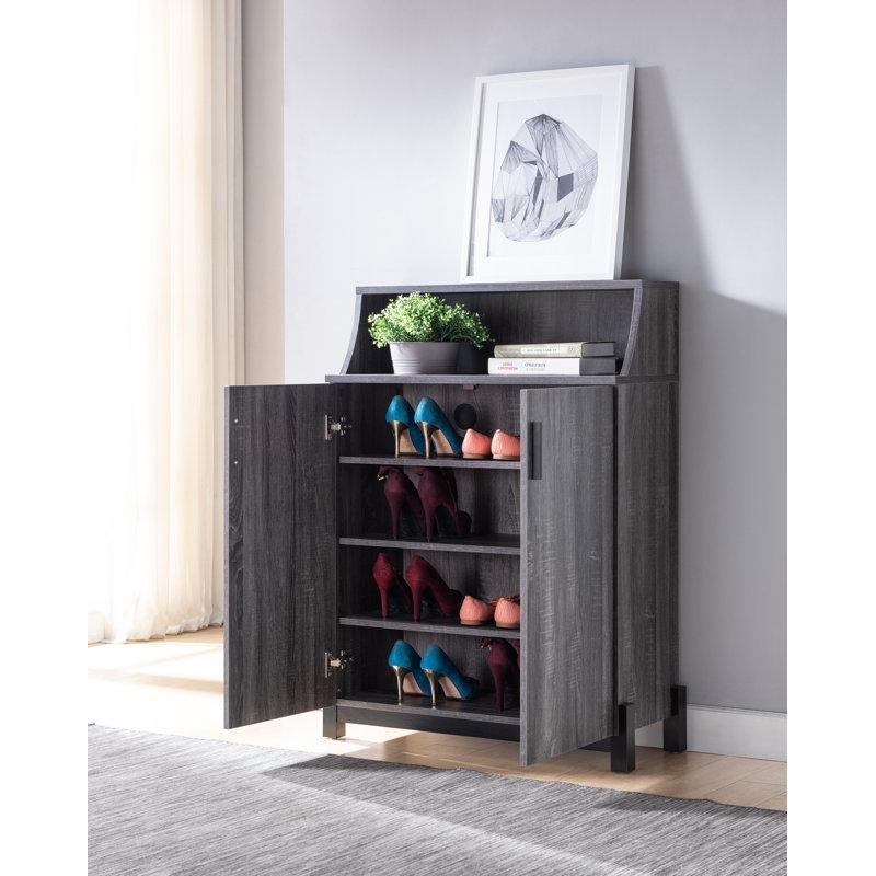 Eskitme Gri Ahşap 2 Kapaklı Ayakkabılık Dolabı - 112x84x34 cm - 229328