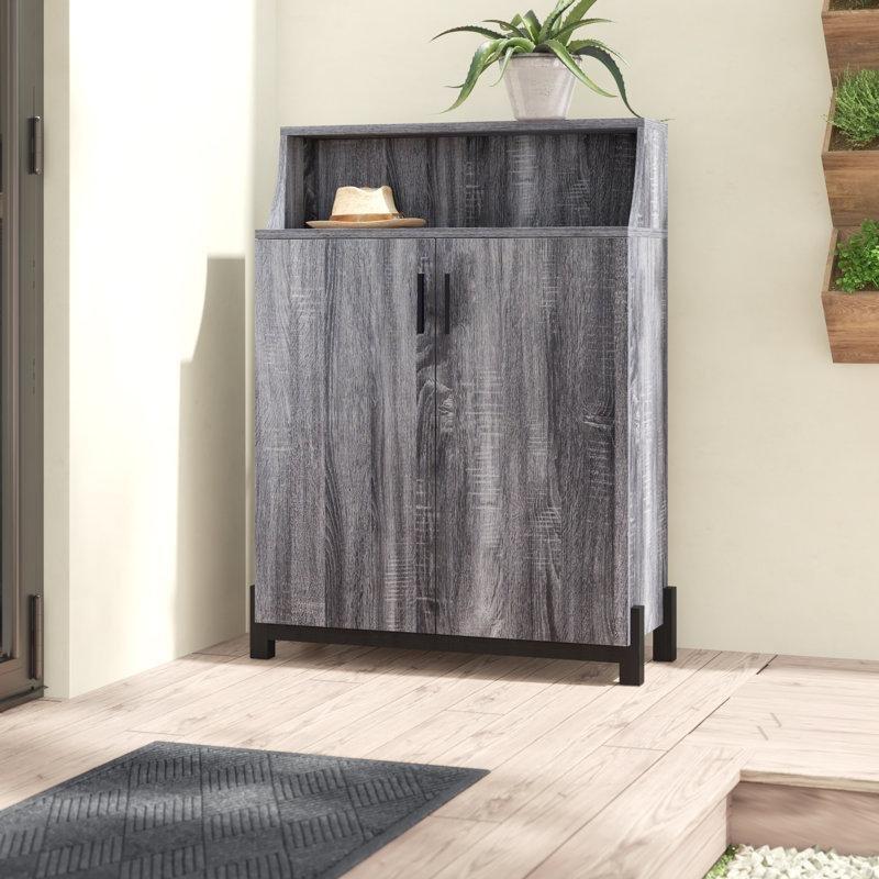 Eskitme Gri Ahşap 2 Kapaklı Ayakkabılık Dolabı - 112x84x34 cm - 229328
