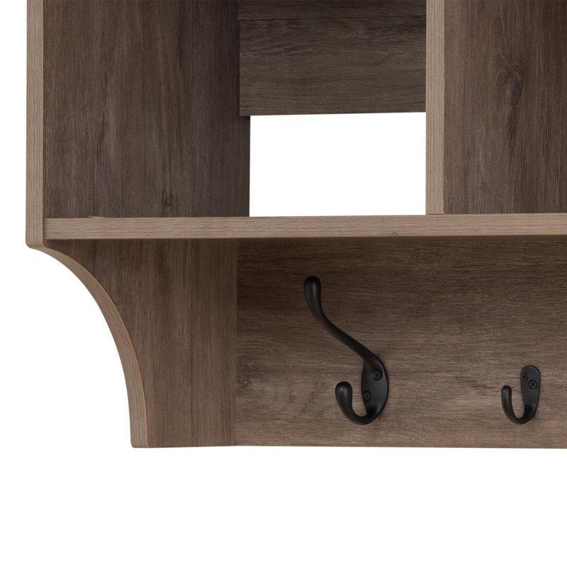 Eskitme Gri Ahşap 4 Bölmeli 9 Askılı Duvar Rafı Portmanto - 153 cm - 179389