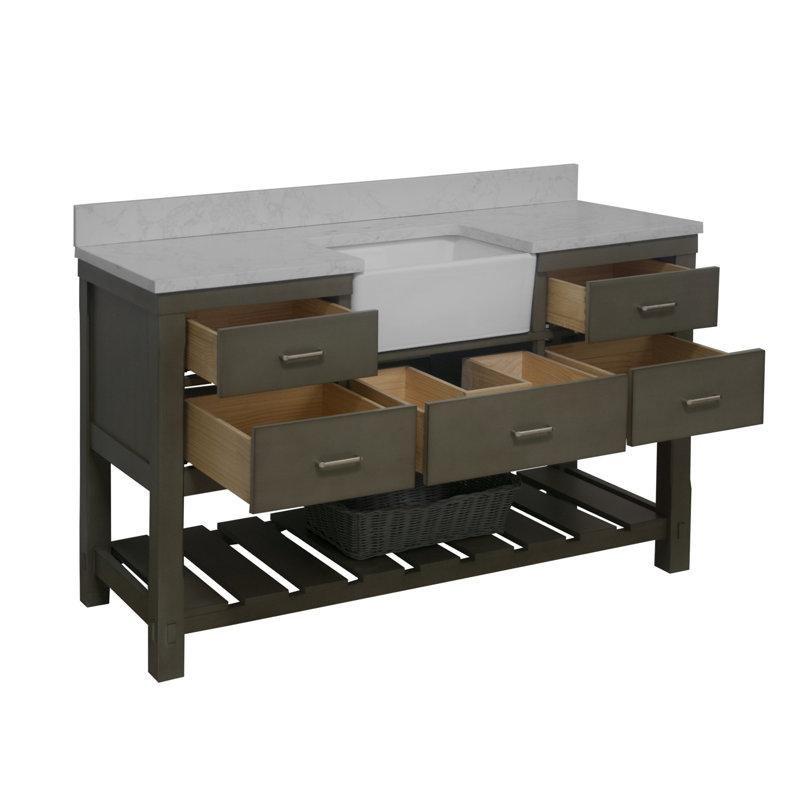 Eskitme Gri Masif Ahşap 5 Çekmeceli Açık Raflı Banyo Lavabo Dolabı - 153 cm - 201581