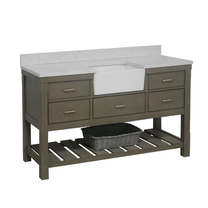 Eskitme Gri Masif Ahşap 5 Çekmeceli Açık Raflı Banyo Lavabo Dolabı - 153 cm - 201581