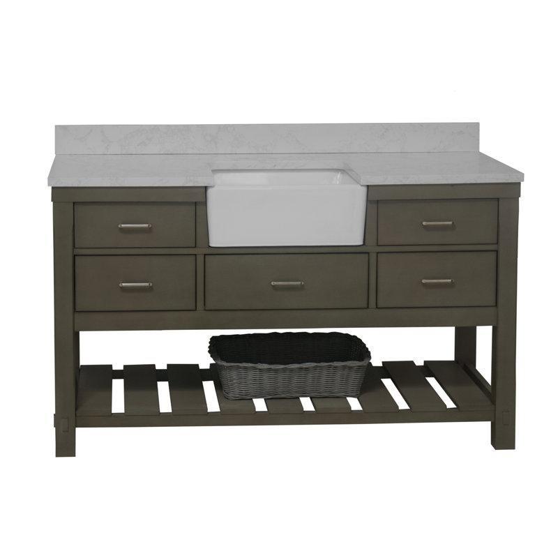 Eskitme Gri Masif Ahşap 5 Çekmeceli Açık Raflı Banyo Lavabo Dolabı - 153 cm - 201581