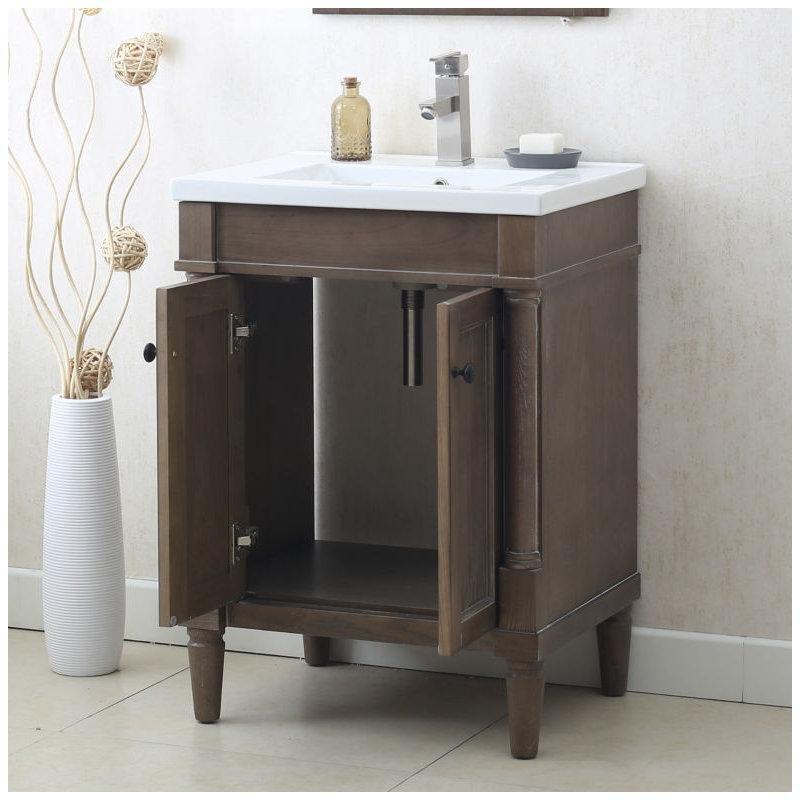 Eskitme Gri Masif Kavak Ağacı Ayaklı Seramik Tezgahlı Banyo Lavabo Dolabı - 61 cm - 199988