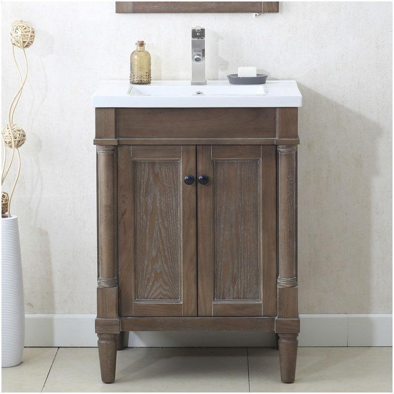 Eskitme Gri Masif Kavak Ağacı Ayaklı Seramik Tezgahlı Banyo Lavabo Dolabı - 61 cm - 199988