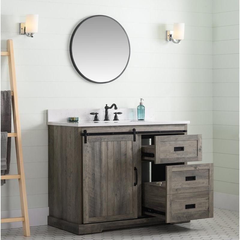 Eskitme Gri Melamin Ahır Kapısı Tasarımlı Çekmeceli Banyo Lavabo Dolabı - 107 cm - 199361