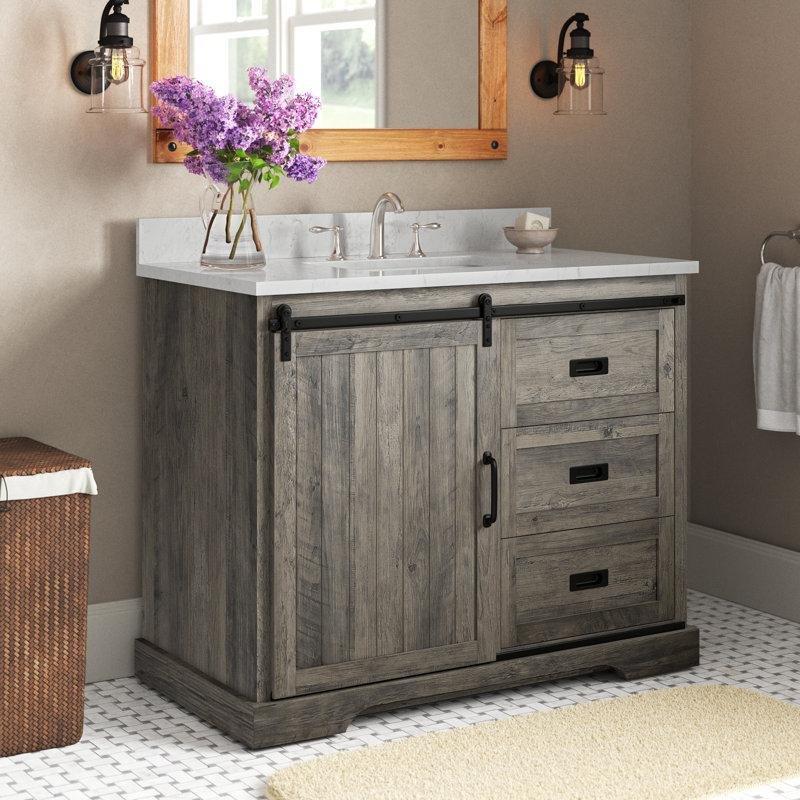 Eskitme Gri Melamin Ahır Kapısı Tasarımlı Çekmeceli Banyo Lavabo Dolabı - 107 cm - 199361