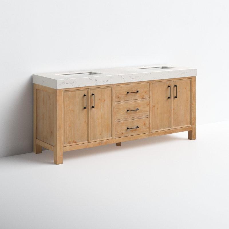 Eskitme Kahverengi Masif Köknar Ağacı Kompozit Taş Tezgahlı Çift Lavabolu Banyo Lavabo Dolabı - 183 cm - 201926