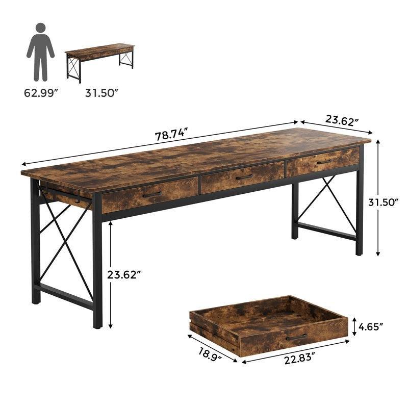 Eskitme Kahverengi MDF İki Kişilik 3 Çekmeceli 4 Kancalı Metal Ayaklı Ofis Masası - 200 cm - 177115
