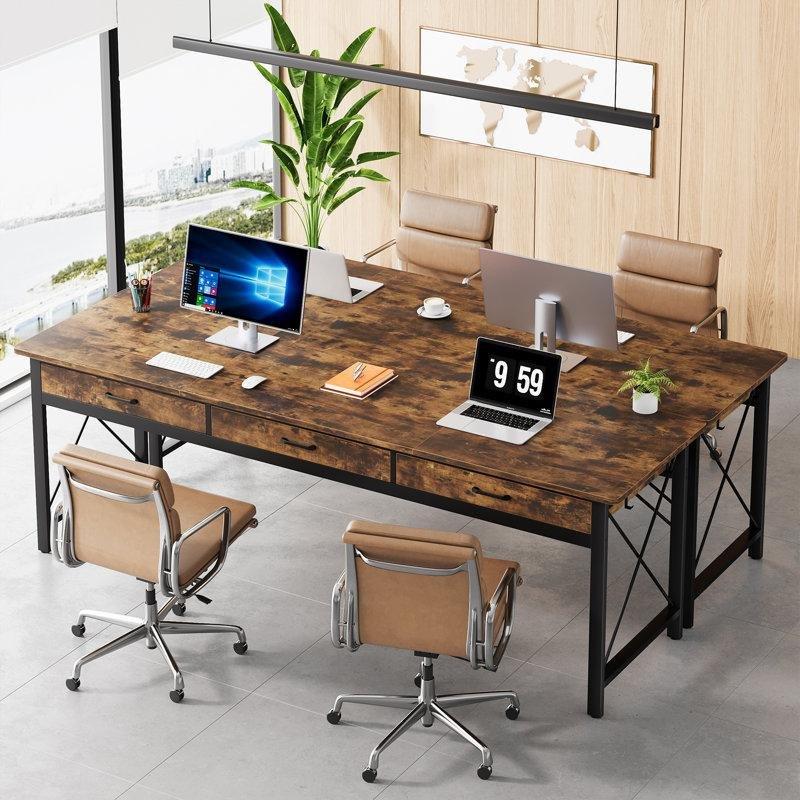 Eskitme Kahverengi MDF İki Kişilik 3 Çekmeceli 4 Kancalı Metal Ayaklı Ofis Masası - 200 cm - 177115