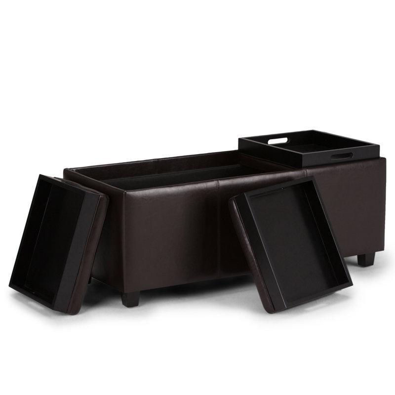 Eskitme Kahverengi Suni Deri Masif Ahşap Sandıklı ve Tepsili Dikdörtgen Puf - 106x43 cm - 165055