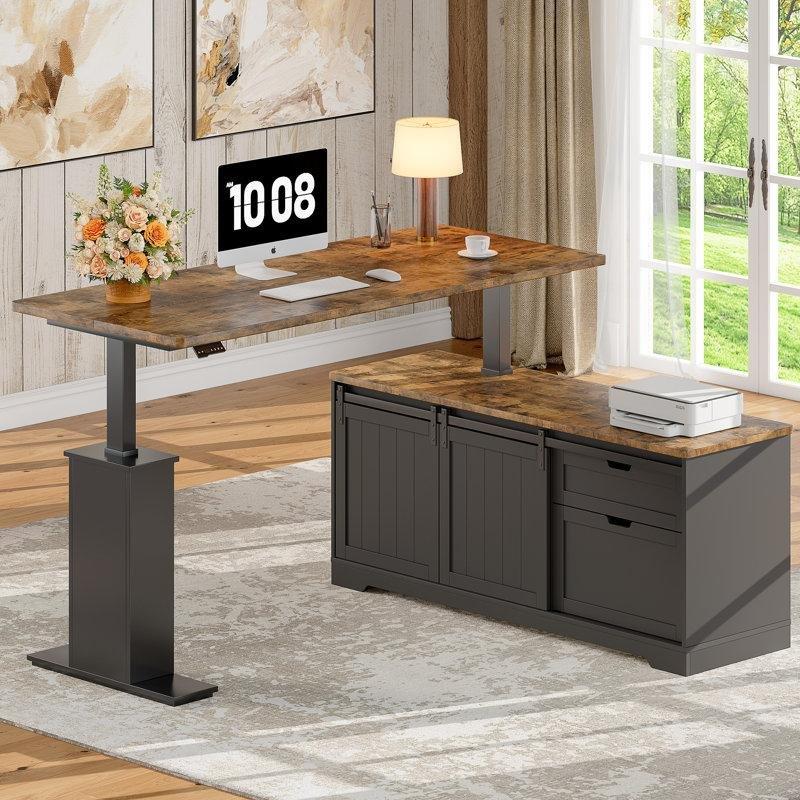 Eskitme Kahverengi ve Siyah Endüstriyel Ahşap Yüksekliği Ayarlanabilir L Tipi Çekmeceli Ofis Masası - 140x55 cm - 177185